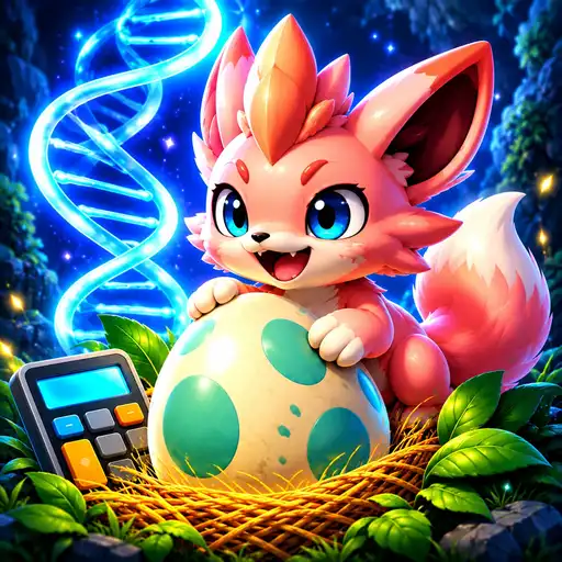 A friendly fox-like creature hugging a spotted egg beside a calculator and a glowing DNA strand